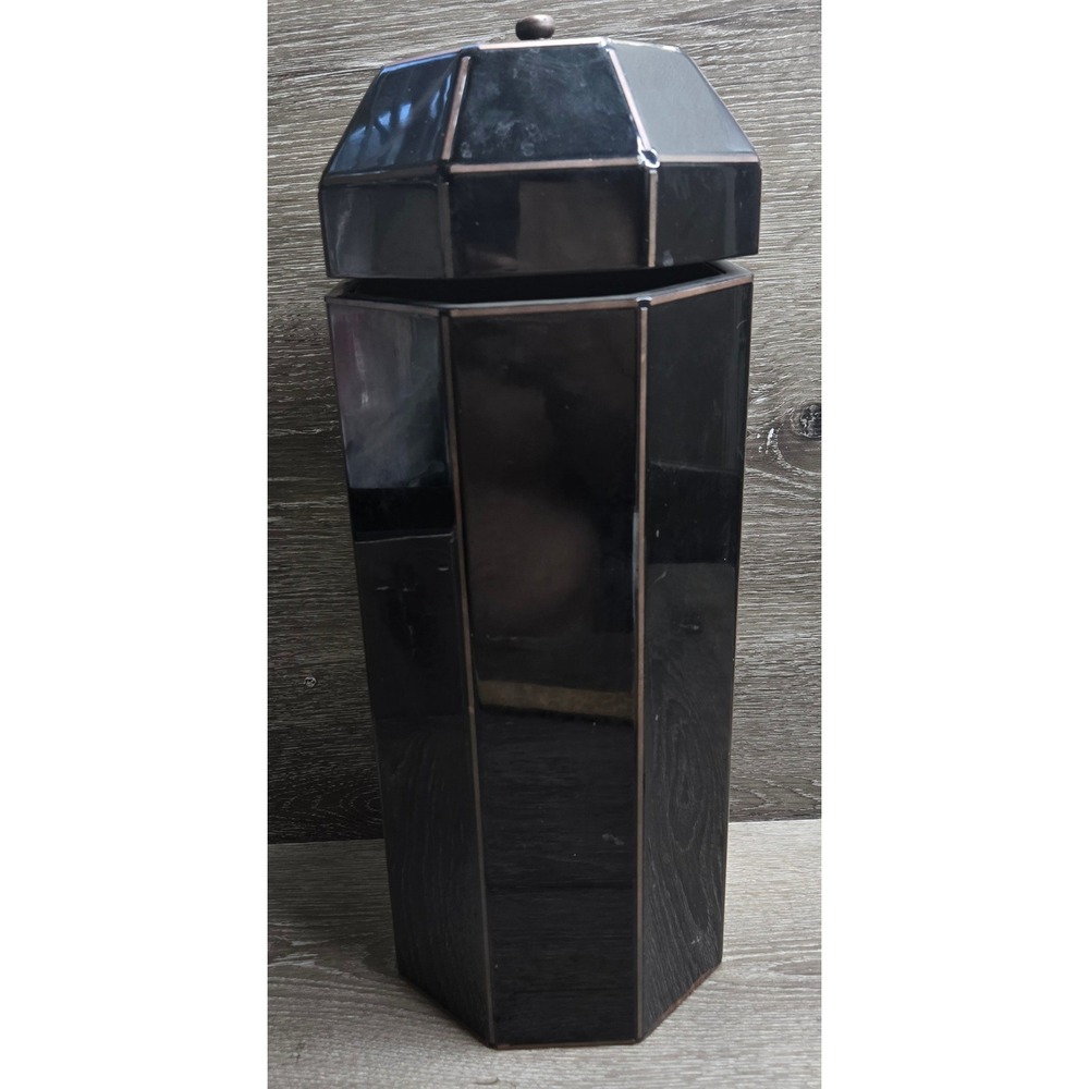 Vintage Black Mirrored Lidded Octagonal Jar Canister Urn Storage Decor 15in